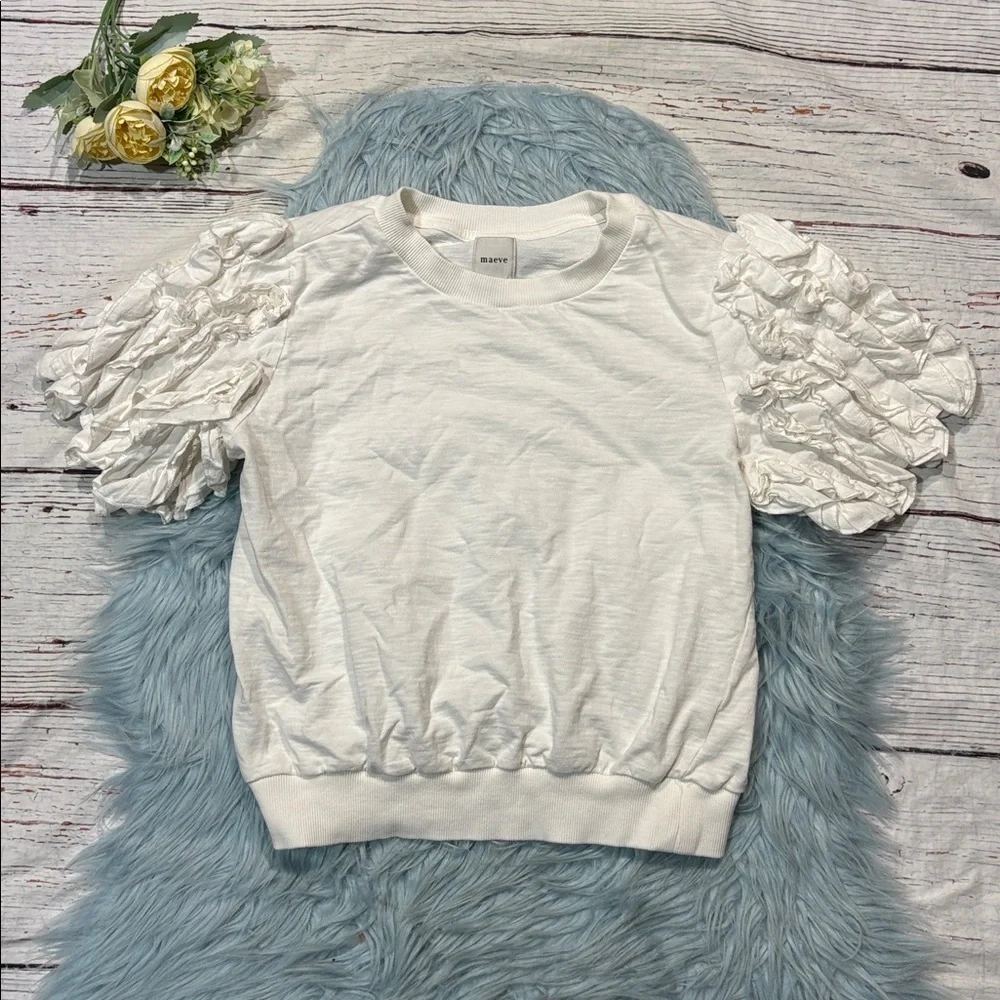 Anthropologie Maeve Ruffled Puff-sleeve Tee In White